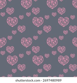 Seamless Pattern with Geometric Pink Hearts on Dark Background