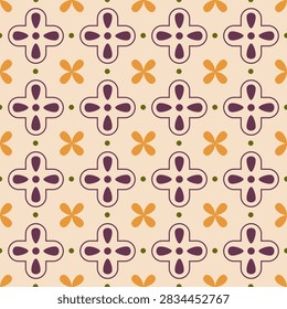 Seamless Pattern Geometric Purple Orange Vector tile with dark plum framed flowers, warm orange petals and olive dots on tan background, retro autumn tile for thanksgiving wallpaper print.