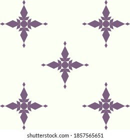 Seamless pattern of geometric purple snowflakes or stars on cream background. Flat style winter holiday and Happy New Year concept. Christmas ornament for textile wallpaper or wrapping paper