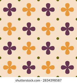 Seamless Pattern Geometric Purple Yellow Vector tile with dark plum flowers, mustard yellow petals and olive dots on tan background, retro autumn tile for thanksgiving wallpaper print.