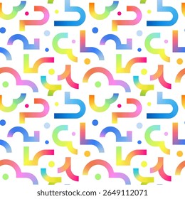 Seamless pattern with geometric rainbow gradient lines on white background.