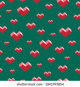 Patrón sin brillo con corazones geométricos rojos sobre el fondo verde