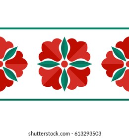 Seamless pattern of geometric red tulip flowers and green leaves, decorative horizontal border. Spring print on white background. Islamic oriental motif. Vector illustration