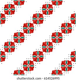 Seamless pattern of geometric red tulip flowers in garlands. Spring print on white background. Islamic oriental motif.Vector illustration
