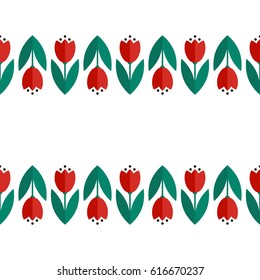 Seamless pattern of geometric red tulip flowers in garlands. Spring print on white background. Islamic oriental motif.Vector illustration