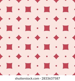 Seamless Pattern Geometric Red Vector tile with carmine red curved stars and polka dots on soft cream background, retro minimal grid motif for christmas valentine wallpaper.