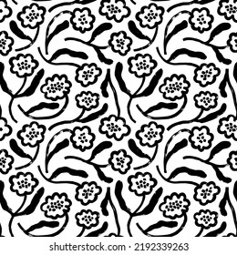 Seamless pattern with geometric retro flowers. Naive simple stylized style. Hand drawn vector grunge ornament. Abstract daisy and chamomile stems. Contemporary forms of meadow flowers. Bold strokes.