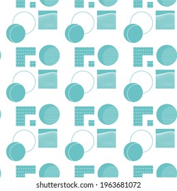 Seamless pattern with geometric round and square shapes of various textures in Memphis style. Background image, textile print. EPS10.