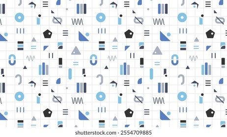 Seamless pattern of a geometric shape with blue, grey and black background elements.