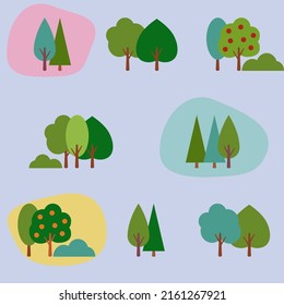 Seamless pattern with geometric shape trees, flat design, simple colors, bright blobs, all editable.   Suits as background, wallpaper, print for any colorful mood.