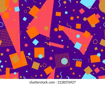 Seamless pattern with geometric shapes in 80s memphis style. Abstract background with chaotic geometry. Design for brochures, banners and promotional materials. Vector illustration