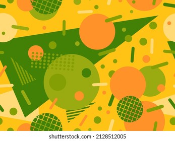 Seamless pattern with geometric shapes in 80s memphis style. Abstract background with chaotic geometry. Design for brochures, banners and promotional materials. Vector illustration