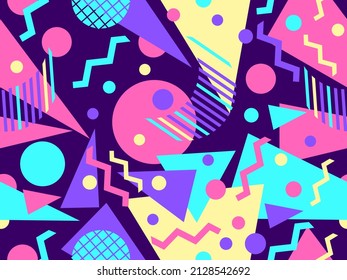 Seamless pattern with geometric shapes in 80s memphis style. Abstract background with chaotic geometry. Design for brochures, banners and promotional materials. Vector illustration