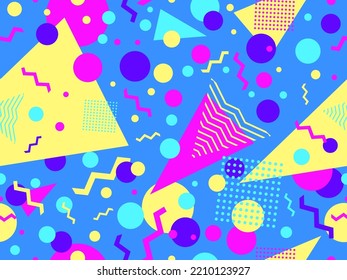 Patrón sin foco con formas geométricas en el estilo memphis de los años 80. Patrón geométrico colorido. Diseño de productos promocionales, papel envolvente e impresión. Ilustración del vector