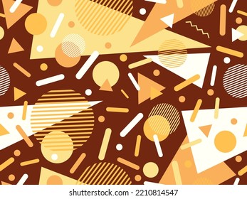 Nahtloses Muster mit geometrischen Formen im Stil der 80er Jahre. Farbiges geometrisches Muster. Design von Werbeprodukten, Verpackungspapier und Druck. Vektorgrafik
