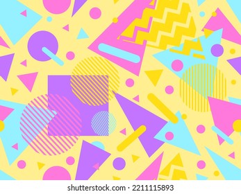 Patrón sin foco con formas geométricas en el estilo memphis de los años 80. Patrón geométrico colorido. Diseño de productos promocionales, papel envolvente e impresión. Ilustración del vector