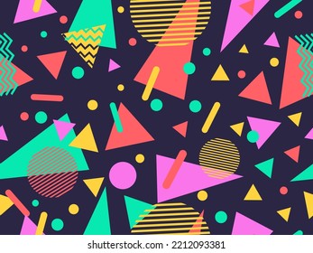 Seamless Pattern With Geometric Shapes In 80s Memphis Style. Colorful Geometric Pattern. Design Of Promotional Products, Wrapping Paper And Printing. Vector Illustration