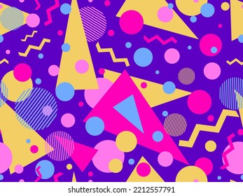 Seamless Pattern With Geometric Shapes In 80s Memphis Style. Colorful Geometric Pattern. Design Of Promotional Products, Wrapping Paper And Printing. Vector Illustration