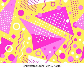 Seamless pattern with geometric shapes in 80s memphis style. Colorful geometric pattern. Design for promotional products, wrapping paper, brochures and printing. Vector illustration
