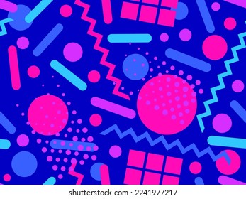Patrón sin foco con formas geométricas en el estilo memphis de los años 80. Patrón geométrico colorido. Diseño para productos promocionales, papel de embalaje, folletos e impresión. Ilustración del vector