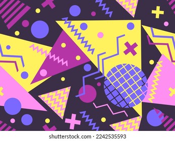 Seamless pattern with geometric shapes in 80s memphis style. Colorful geometric pattern. Design for promotional products, wrapping paper, brochures and printing. Vector illustration