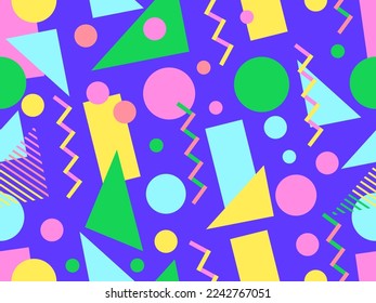 Seamless pattern with geometric shapes in 80s memphis style. Colorful geometric pattern. Design for promotional products, wrapping paper, brochures and printing. Vector illustration