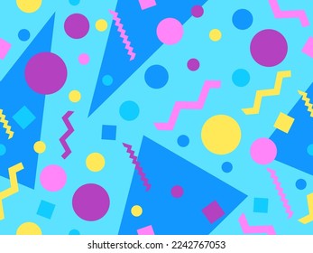 Seamless pattern with geometric shapes in 80s memphis style. Colorful geometric pattern. Design for promotional products, wrapping paper, brochures and printing. Vector illustration