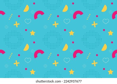 Seamless pattern with geometric shapes in 80s memphis style. Colorful geometric pattern. Design of promotional products, wrapping paper and printing. Vector illustration. Vector illustration
