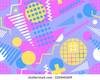 Seamless pattern with geometric shapes in 80s memphis style. Colorful geometric pattern. Design for promotional products, wrapping paper, brochures and printing. Vector illustration