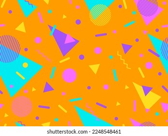 Patrón sin foco con formas geométricas en el estilo memphis de los años 80. Patrón geométrico colorido. Diseño para productos promocionales, papel de embalaje, folletos e impresión. Ilustración del vector