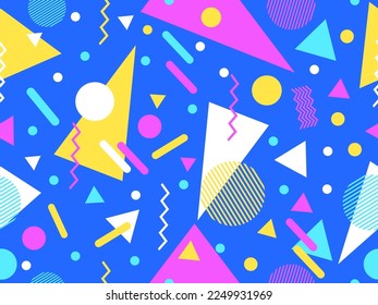 Seamless pattern with geometric shapes in 80s memphis style. Colorful geometric pattern. Design for promotional products, wrapping paper, brochures and printing. Vector illustration