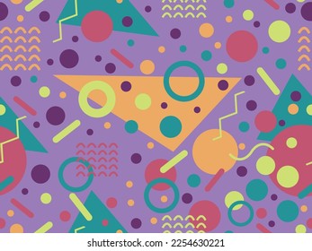 Seamless pattern with geometric shapes in 80s memphis style. Colorful geometric pattern. Design for promotional products, wrapping paper, brochures and printing. Vector illustration