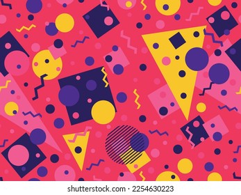Patrón sin foco con formas geométricas en el estilo memphis de los años 80. Patrón geométrico colorido. Diseño para productos promocionales, papel de embalaje, folletos e impresión. Ilustración del vector