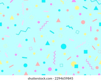 Seamless pattern with geometric shapes in 80s memphis style. Colorful geometric pattern. Design of promotional products, wrapping paper and printing. Vector illustration
