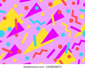 Seamless pattern with geometric shapes in 80s memphis style. Colorful geometric pattern. Design of promotional products, wrapping paper and printing. Vector illustration
