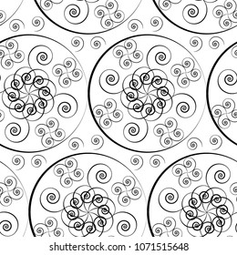 Seamless pattern of geometric shapes. Abstract seamless pattern with lines and figures. Vector Background. Repetitive Black and White Pattern. Swirl seamless pattern. Free layout. Textile design.