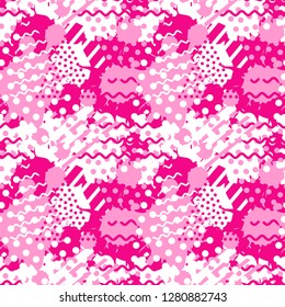 Seamless pattern with geometric shapes and abstract fluid forms. Color in shades of trendy plastic pink color.