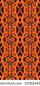 Seamless pattern. Geometric shapes. Abstract motifs. Vibrant colors. Orange and black hues. Intricate details. Symmetrical design. Modern aesthetic. Traditional influences. Bold and eye-catching. 