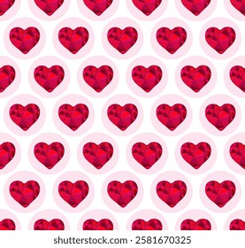 Seamless pattern. Geometric shapes. Abstract motifs. Red diamond low poly faceted hearts. Pink circles. Modern style. Romantic theme. For fabric print, wrapping paper, wallpaper, background.