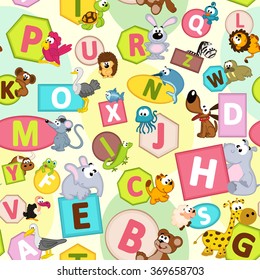 seamless pattern with geometric shapes and animals alphabet - vector illustration, eps