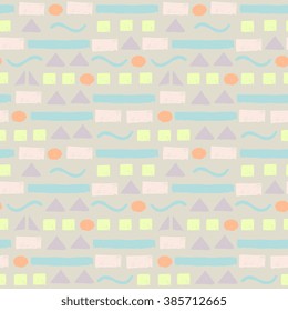 Seamless pattern with geometric shapes in blue, yellow, pink, orange and mauve.