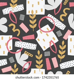 Seamless pattern with geometric shapes, branches, leaves, circles, dots, waves on black background. Abstract vector modern trendy illustration. Retro style. Perfect for wallpaper and textile