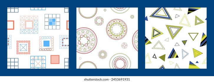 Seamless pattern of geometric shapes. Bright seamless pattern. Set of 3 patterns. Design for fabric, wallpaper, wrapping paper. Vector