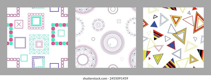 Seamless pattern of geometric shapes. Bright seamless pattern. Set of 3 patterns. Design for fabric, wallpaper, wrapping paper. Vector
