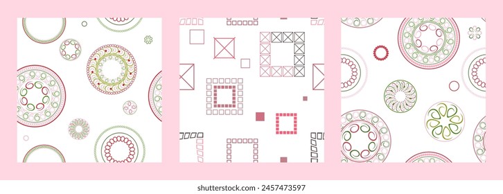 Patrón sin fisuras de Formas geométricas. Patrón brillante sin costuras. Conjunto de 3 patrones. Diseño para tela, Fondo de pantalla, papel de embalaje. Vector