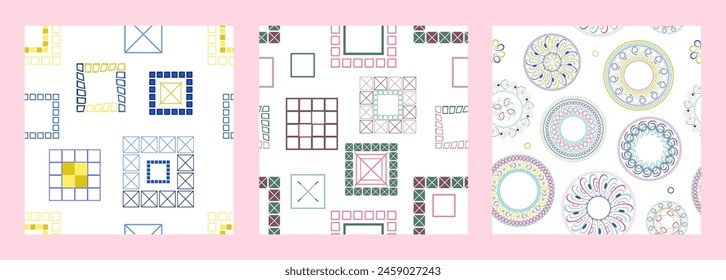 Seamless pattern of geometric shapes. Bright seamless pattern. Set of 3 patterns. Design for fabric, wallpaper, wrapping paper. Vector