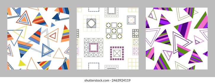 Seamless pattern of geometric shapes. Bright seamless pattern. Set of 3 patterns. Design for fabric, wallpaper, wrapping paper. Vector