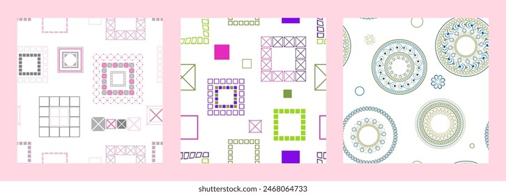 Seamless pattern of geometric shapes. Bright seamless pattern. Set of 3 patterns. Design for fabric, wallpaper, wrapping paper. Vector