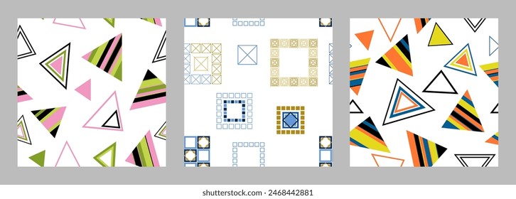 Seamless pattern of geometric shapes. Bright seamless pattern. Set of 3 patterns. Design for fabric, wallpaper, wrapping paper. Vector