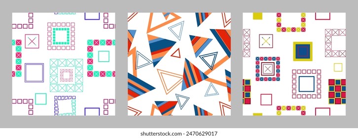 Seamless pattern of geometric shapes. Bright seamless pattern. Set of 3 patterns. Design for fabric, wallpaper, wrapping paper. Vector